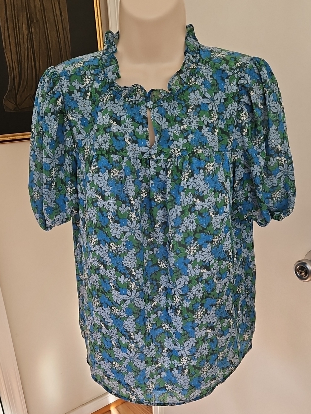 J Crew Ruffle Trim Hyacinth Fields Short Sleeve Top Size XS